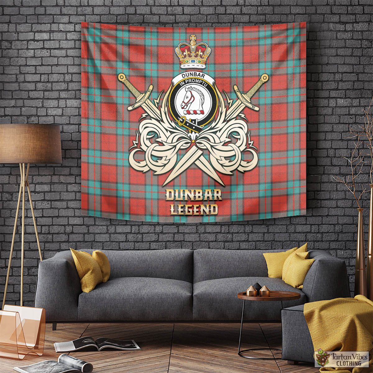 Tartan Vibes Clothing Dunbar Ancient Tartan Tapestry with Clan Crest and the Golden Sword of Courageous Legacy