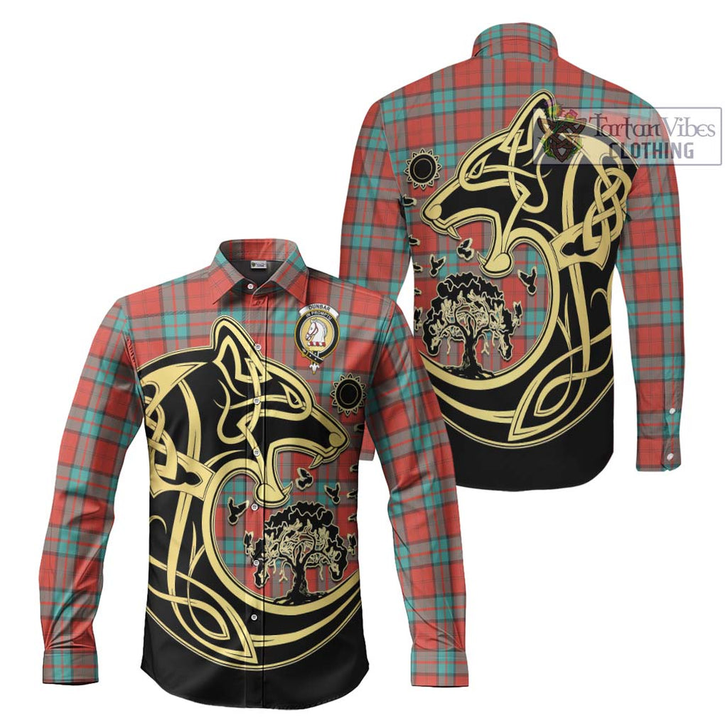 Dunbar Ancient Tartan Long Sleeve Button Shirt with Family Crest Celtic Wolf Style Men's Shirt S - Tartan Vibes Clothing