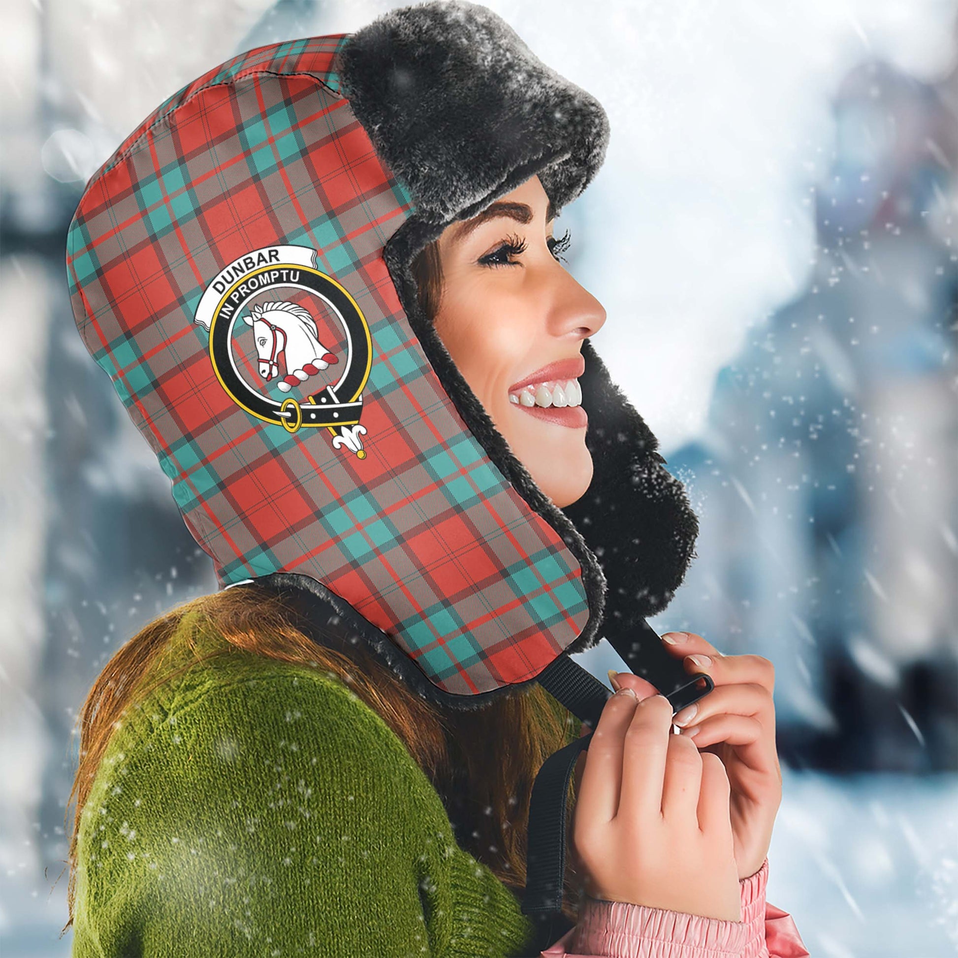 Dunbar Ancient Tartan Winter Trapper Hat with Family Crest Winter Trapper Hat Universal Fit Circumference 22.8in (58cm) - Tartanvibesclothing