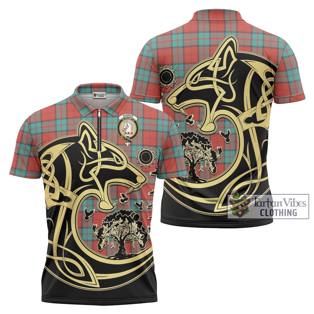 Dunbar Ancient Tartan Zipper Polo Shirt with Family Crest Celtic Wolf Style Unisex - Tartanvibesclothing Shop