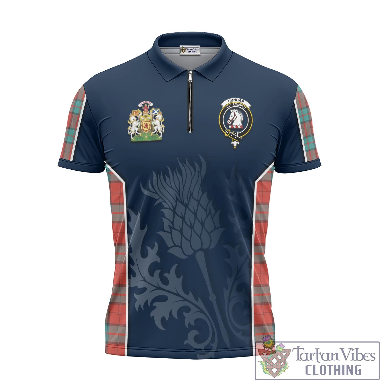 Tartan Vibes Clothing Dunbar Ancient Tartan Zipper Polo Shirt with Family Crest and Scottish Thistle Vibes Sport Style