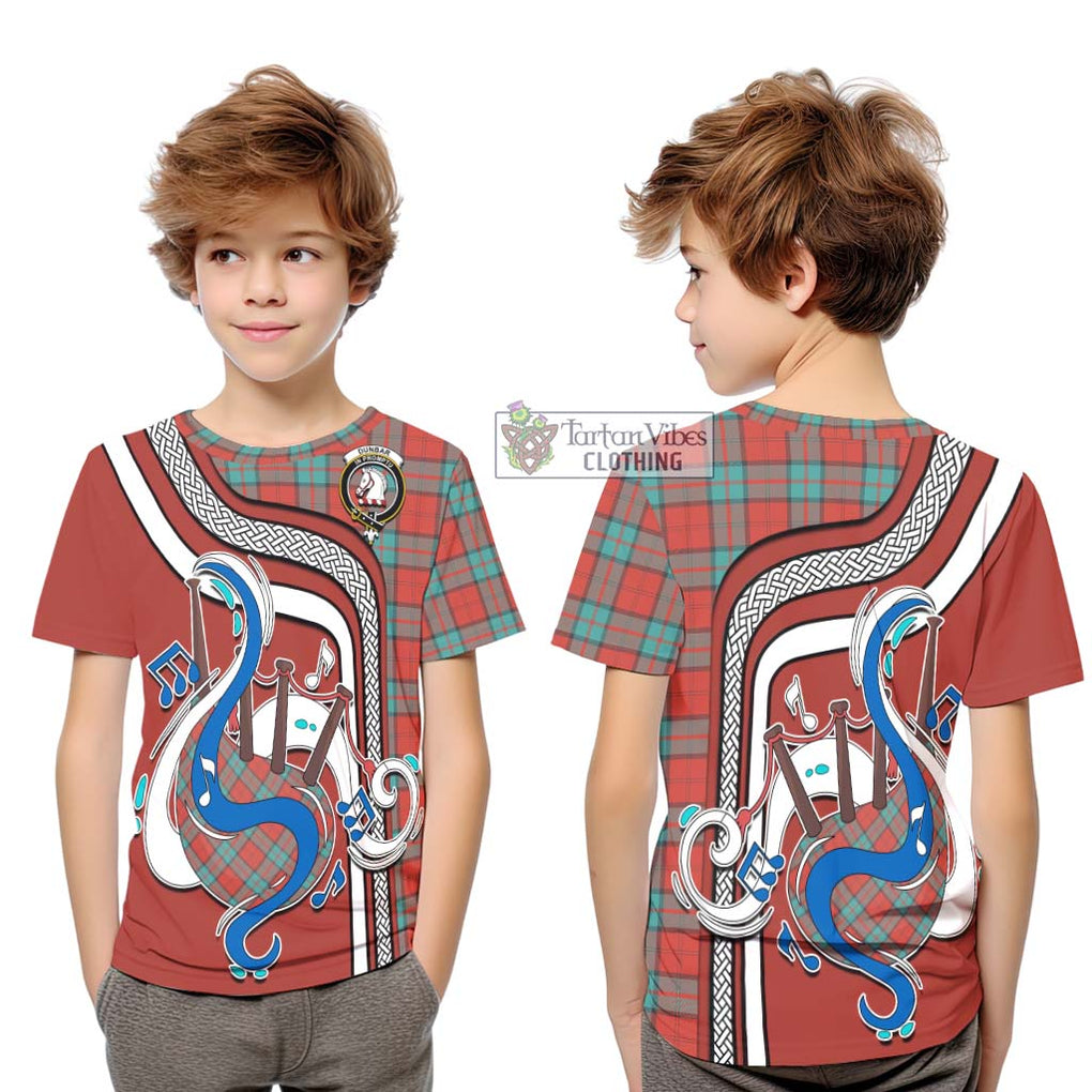 Tartan Vibes Clothing Dunbar Ancient Tartan Kid T-Shirt with Epic Bagpipe Style