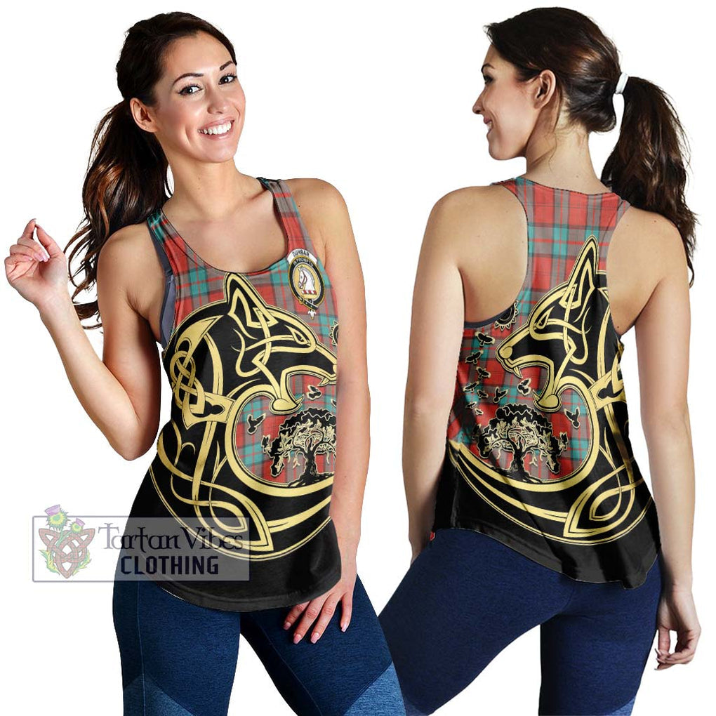 Dunbar Ancient Tartan Women's Racerback Tanks with Family Crest Celtic Wolf Style 4XL - Tartan Vibes Clothing