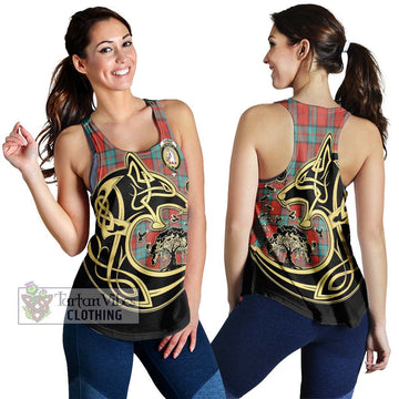 Dunbar Ancient Tartan Women's Racerback Tanks with Family Crest Celtic Wolf Style