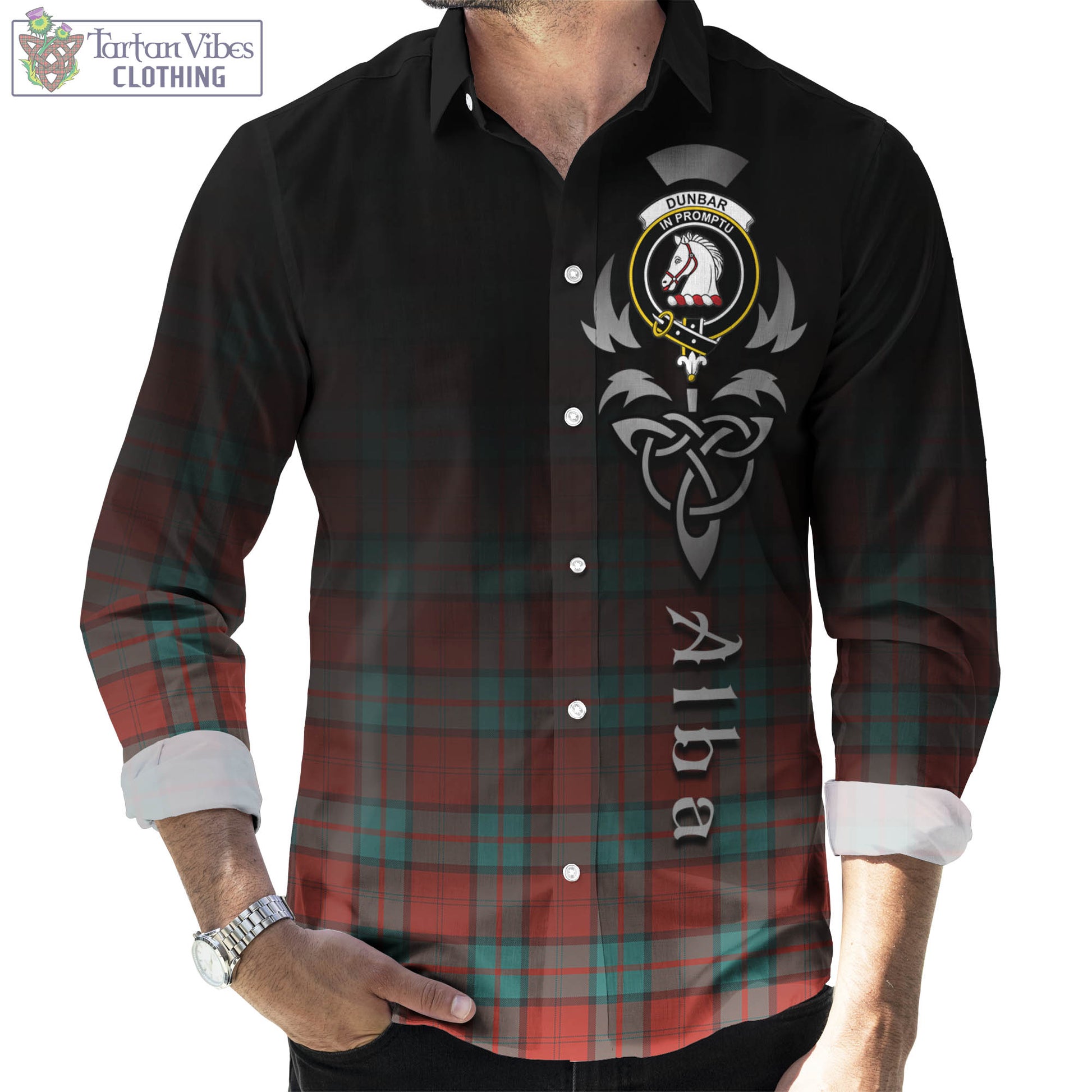 Tartan Vibes Clothing Dunbar Ancient Tartan Long Sleeve Button Up Featuring Alba Gu Brath Family Crest Celtic Inspired