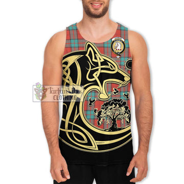 Dunbar Ancient Tartan Men's Tank Top with Family Crest Celtic Wolf Style