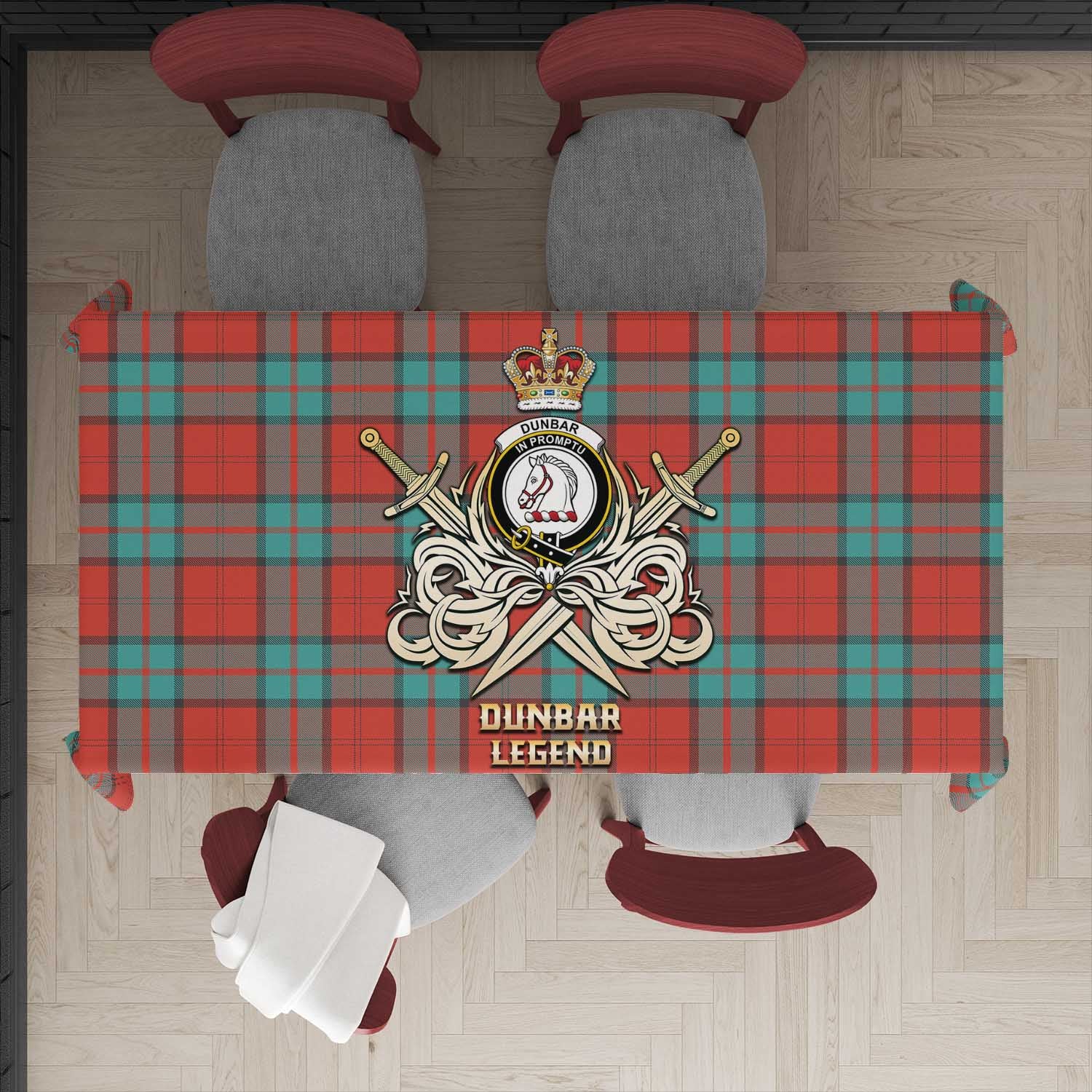 Tartan Vibes Clothing Dunbar Ancient Tartan Tablecloth with Clan Crest and the Golden Sword of Courageous Legacy