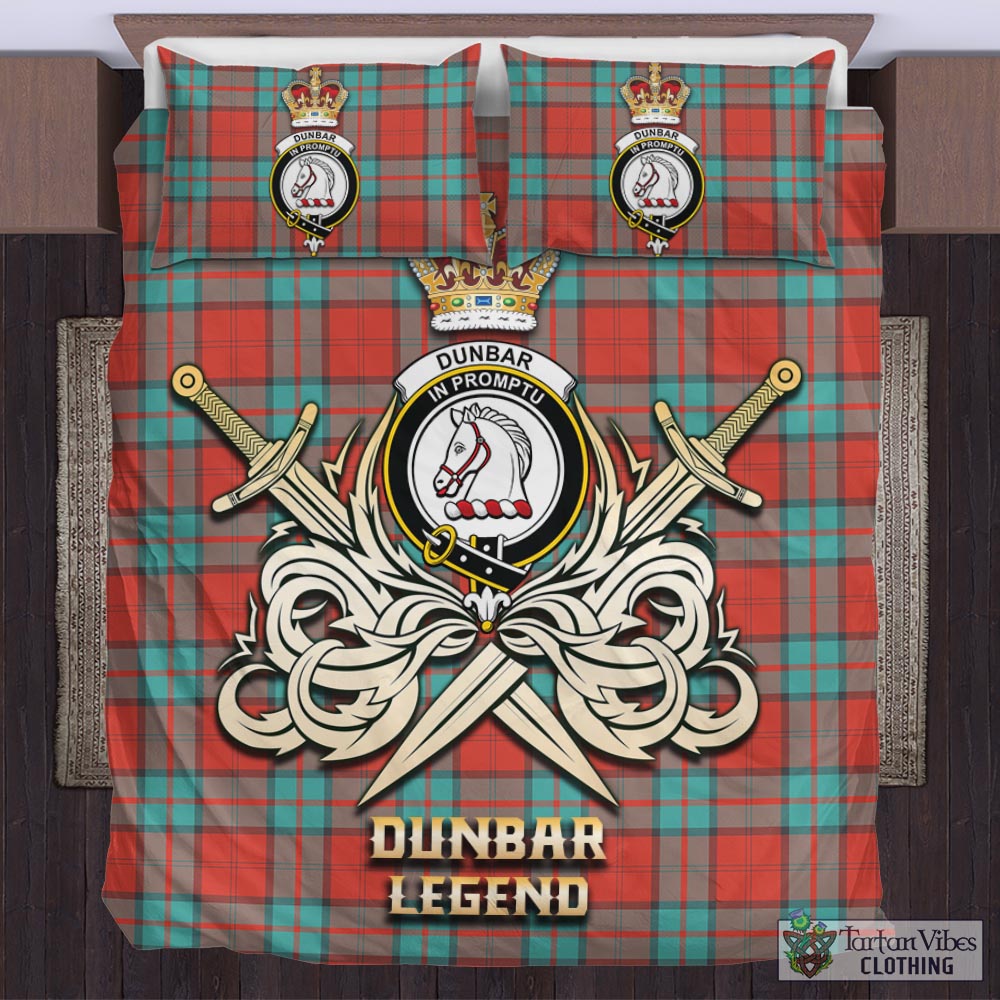 Tartan Vibes Clothing Dunbar Ancient Tartan Bedding Set with Clan Crest and the Golden Sword of Courageous Legacy