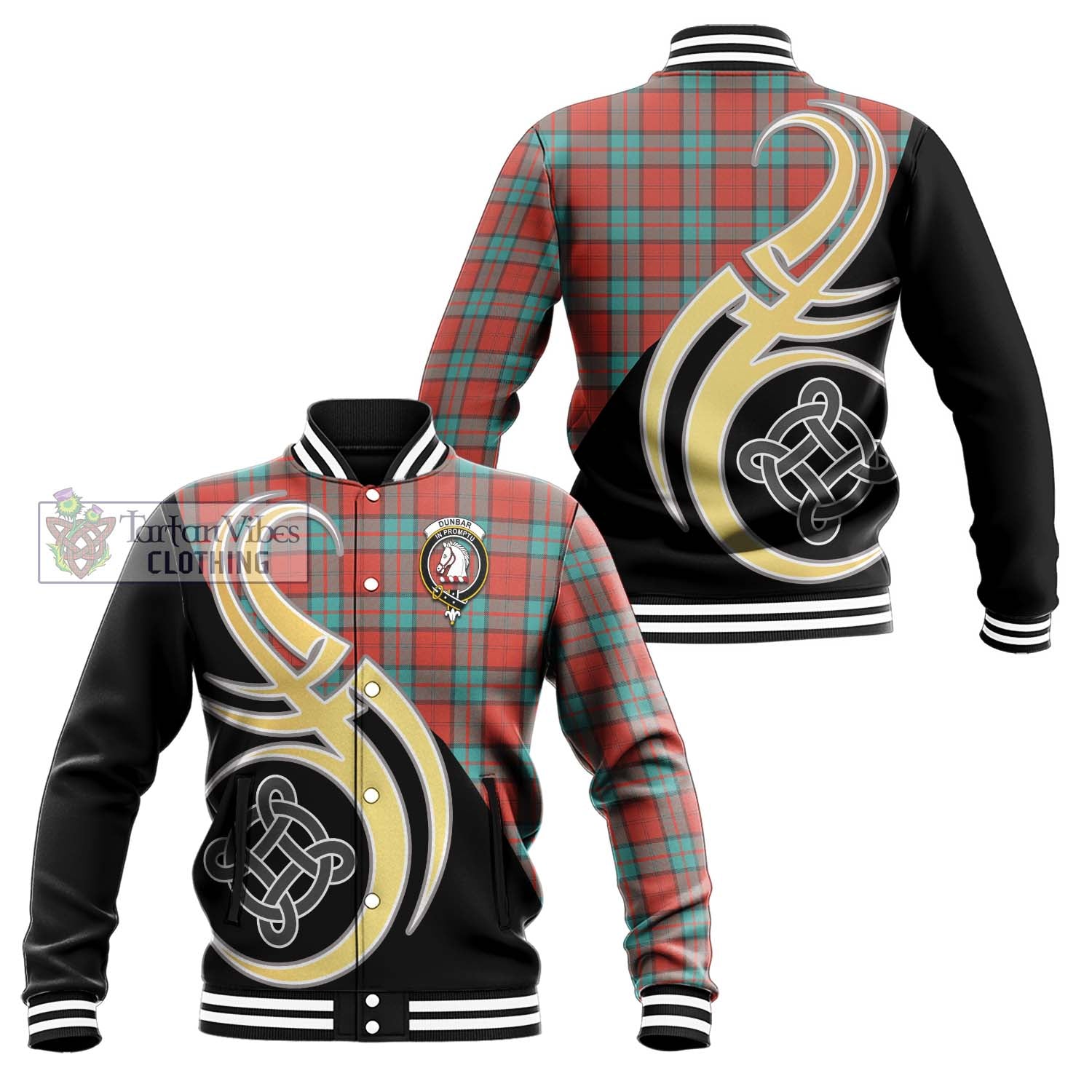 Dunbar Ancient Tartan Baseball Jacket with Family Crest and Celtic Symbol Style Unisex - Tartan Vibes Clothing