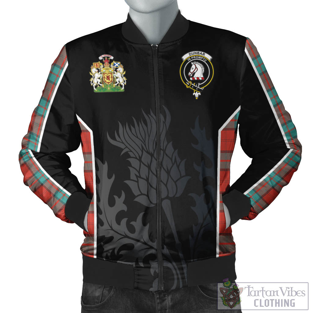 Tartan Vibes Clothing Dunbar Ancient Tartan Bomber Jacket with Family Crest and Scottish Thistle Vibes Sport Style