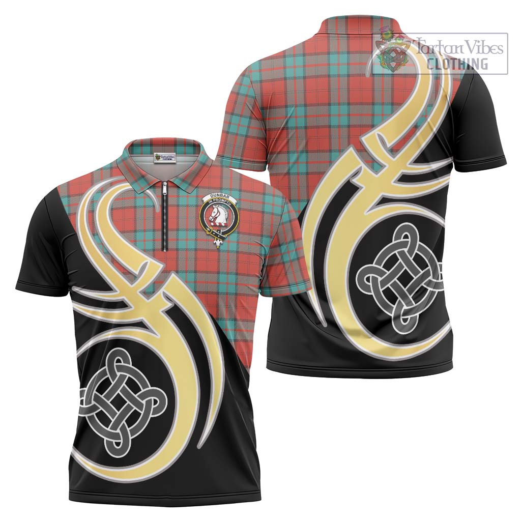 Tartan Vibes Clothing Dunbar Ancient Tartan Zipper Polo Shirt with Family Crest and Celtic Symbol Style