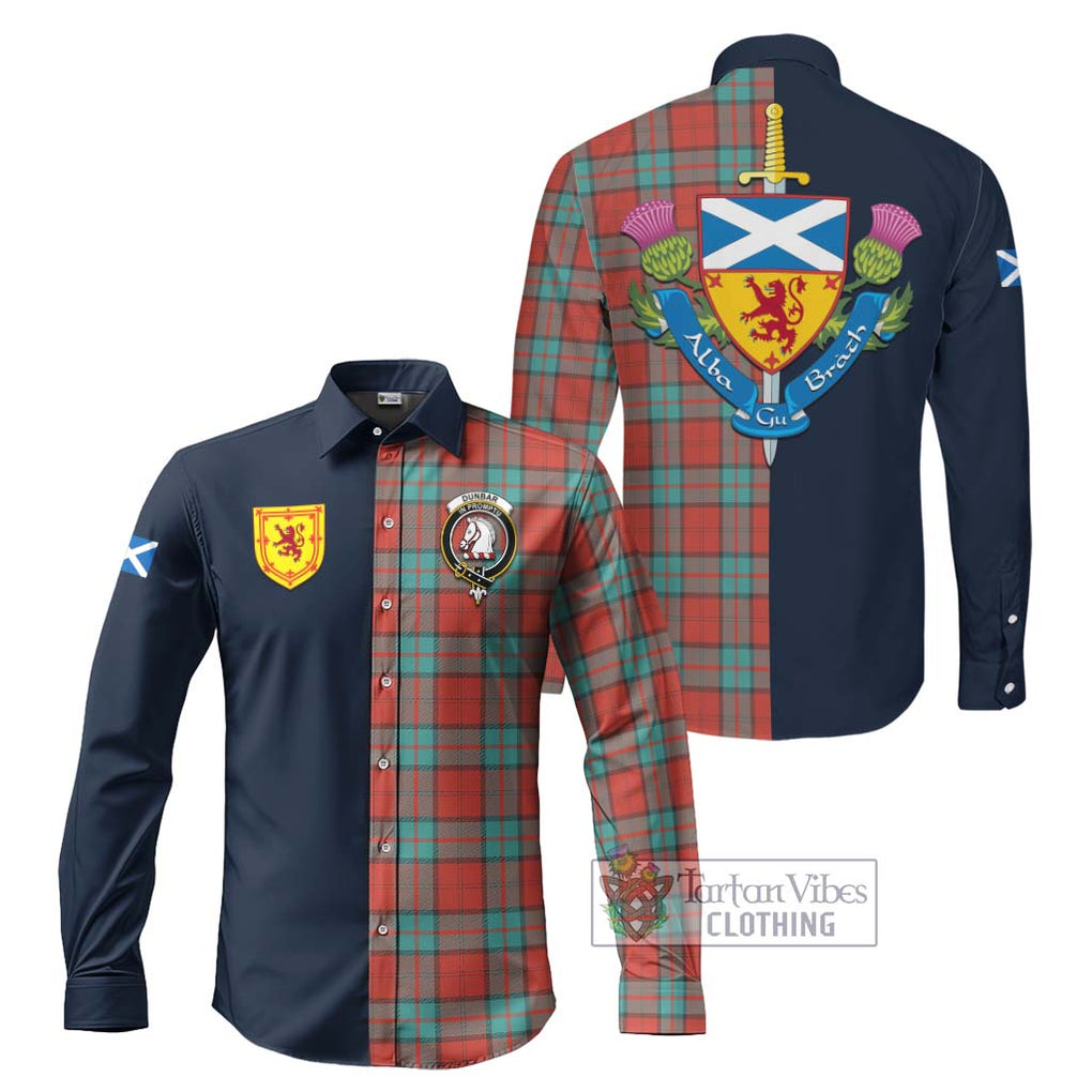 Tartan Vibes Clothing Dunbar Ancient Tartan Long Sleeve Button Shirt with Scottish Lion Royal Arm Half Style