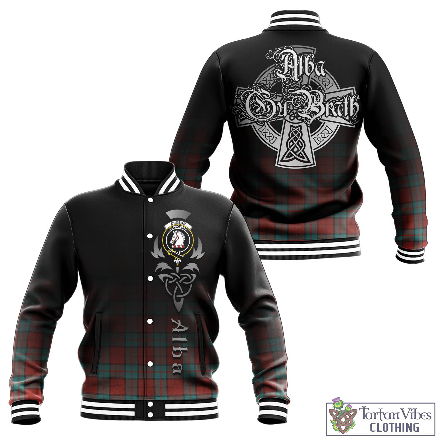 Tartan Vibes Clothing Dunbar Ancient Tartan Baseball Jacket Featuring Alba Gu Brath Family Crest Celtic Inspired