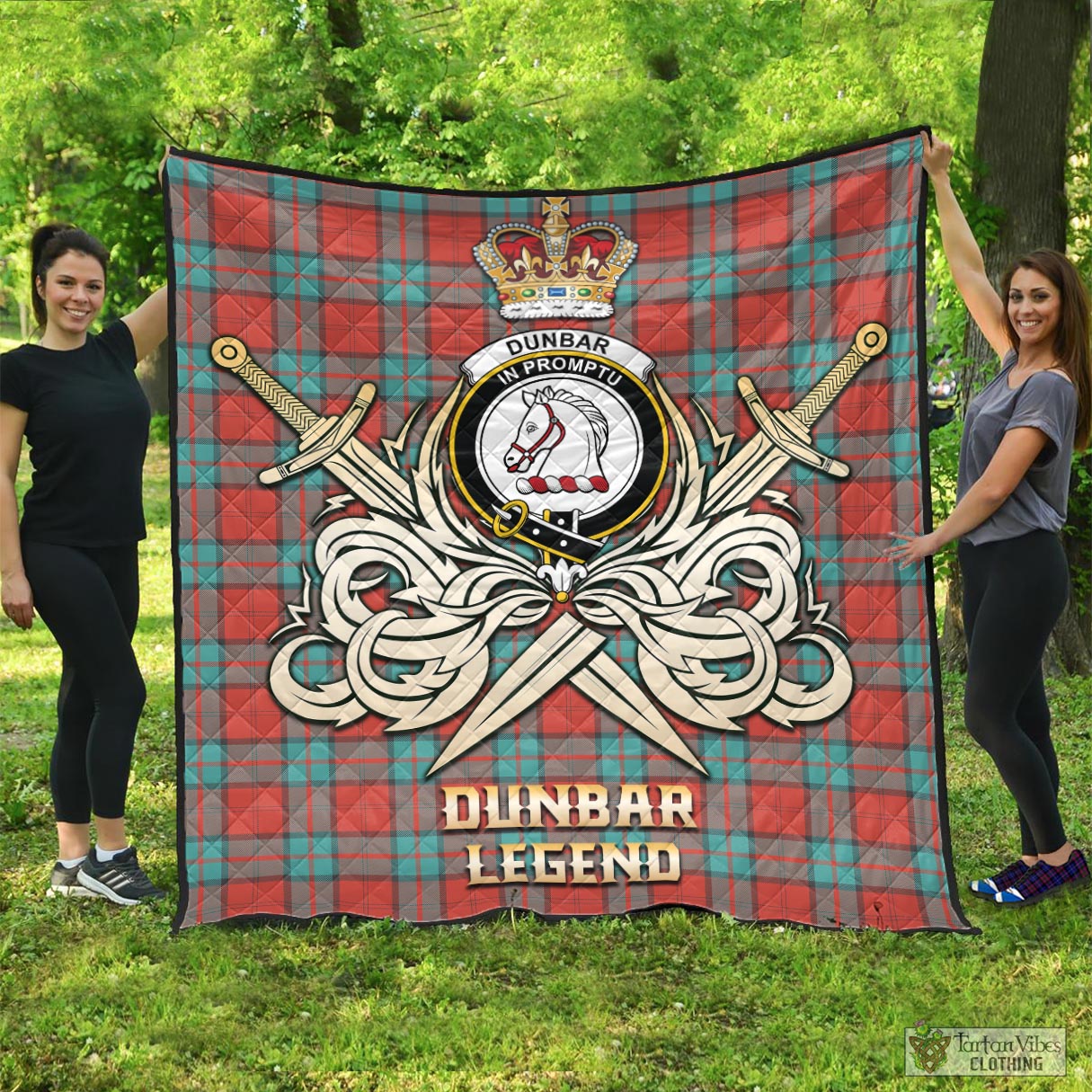 Tartan Vibes Clothing Dunbar Ancient Tartan Quilt with Clan Crest and the Golden Sword of Courageous Legacy