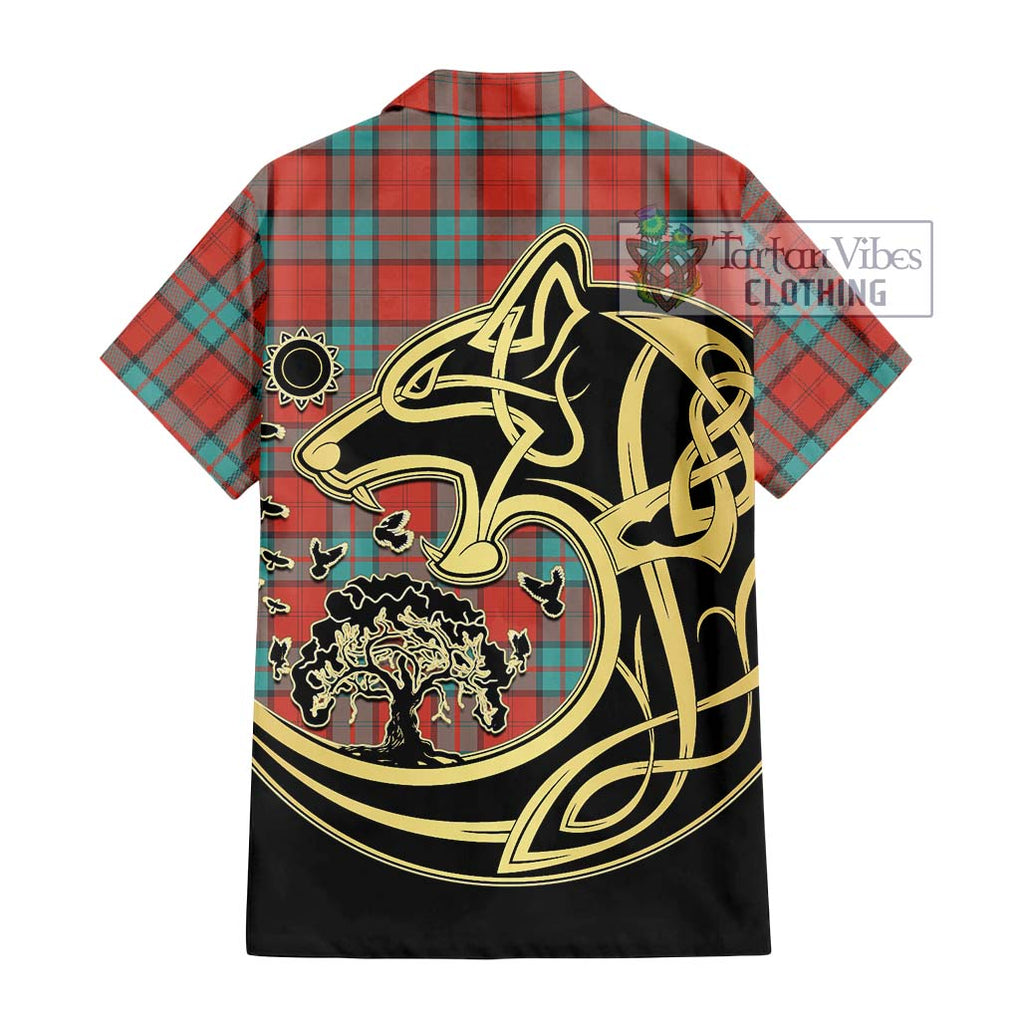 Dunbar Ancient Tartan Short Sleeve Button Shirt with Family Crest Celtic Wolf Style - Tartan Vibes Clothing