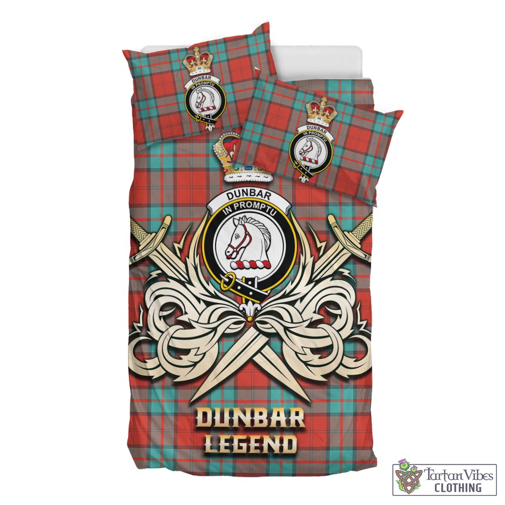 Tartan Vibes Clothing Dunbar Ancient Tartan Bedding Set with Clan Crest and the Golden Sword of Courageous Legacy