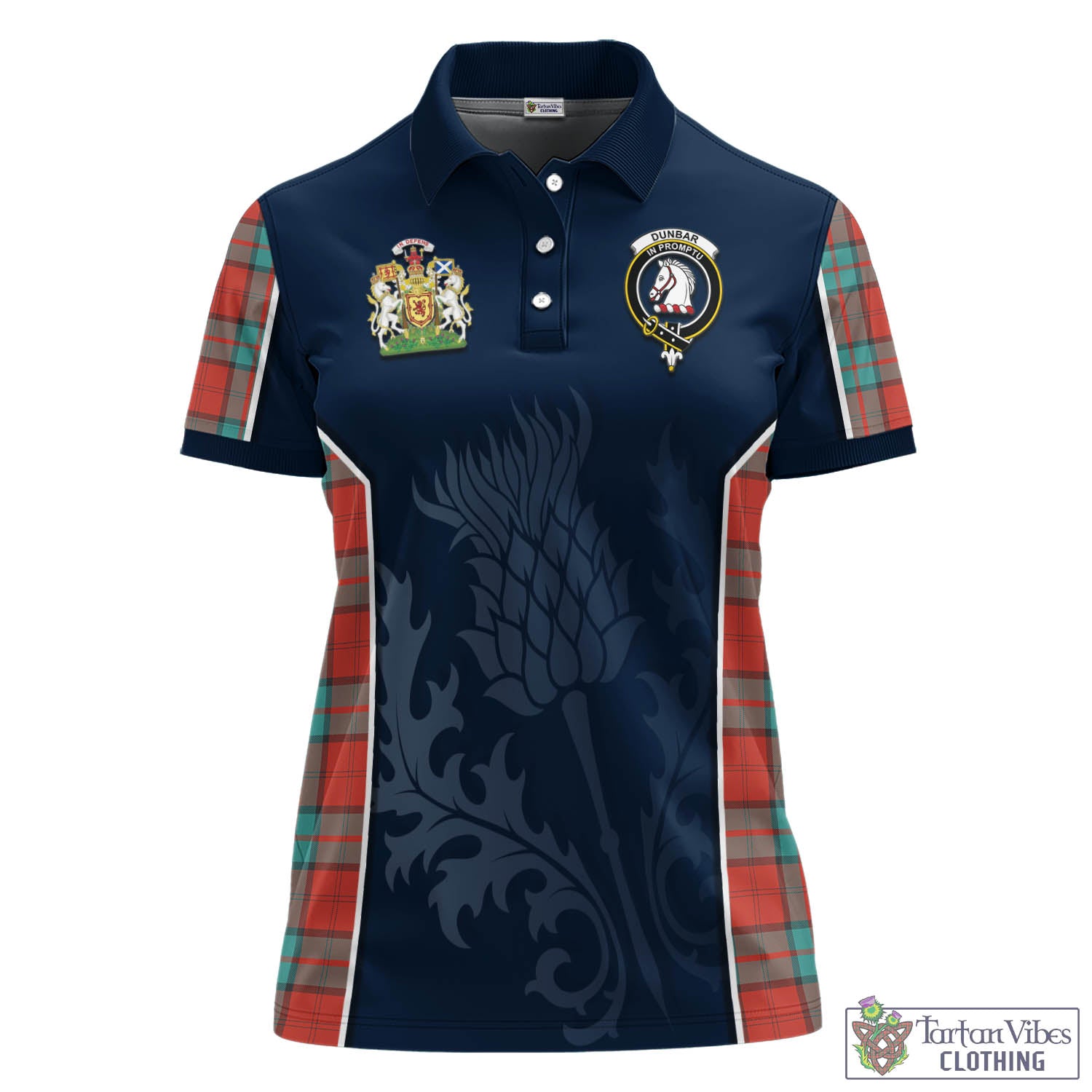 Tartan Vibes Clothing Dunbar Ancient Tartan Women's Polo Shirt with Family Crest and Scottish Thistle Vibes Sport Style