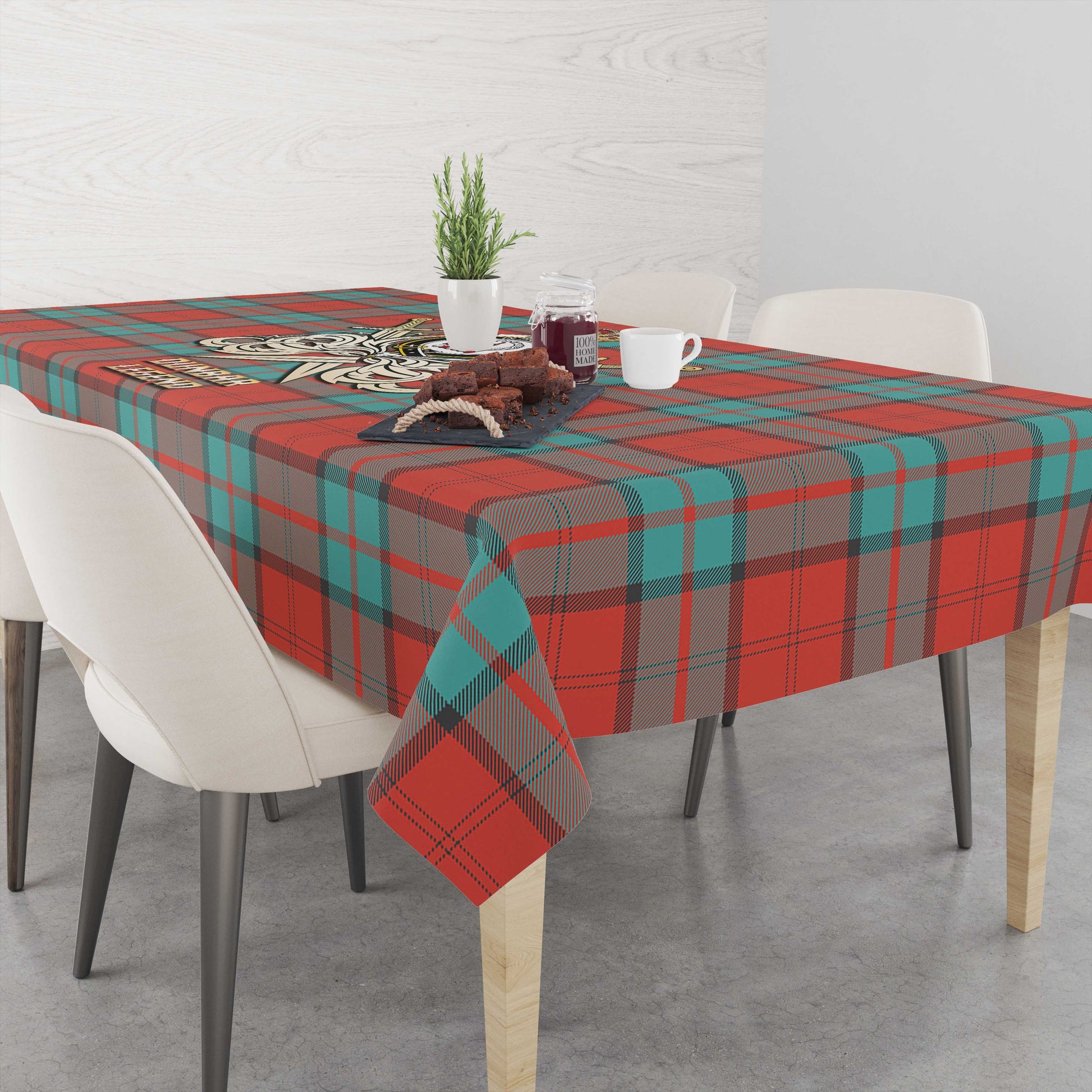 Tartan Vibes Clothing Dunbar Ancient Tartan Tablecloth with Clan Crest and the Golden Sword of Courageous Legacy