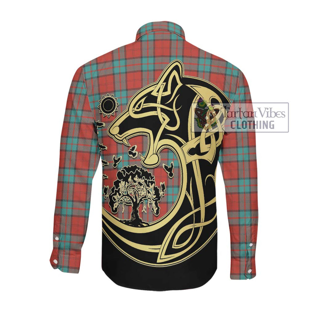 Dunbar Ancient Tartan Long Sleeve Button Shirt with Family Crest Celtic Wolf Style Men's Shirt - Tartan Vibes Clothing