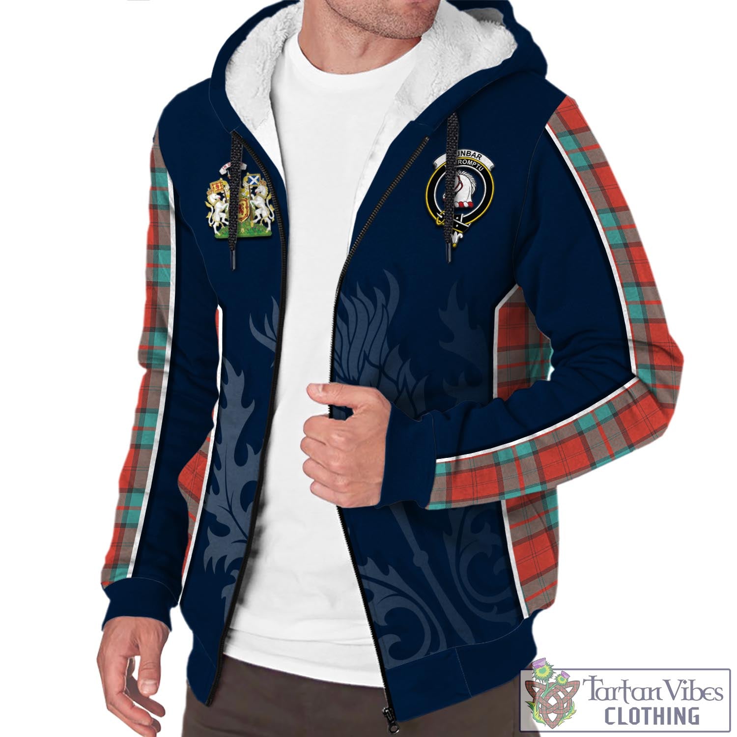 Tartan Vibes Clothing Dunbar Ancient Tartan Sherpa Hoodie with Family Crest and Scottish Thistle Vibes Sport Style