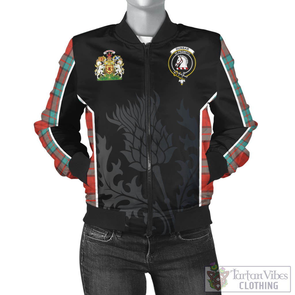 Tartan Vibes Clothing Dunbar Ancient Tartan Bomber Jacket with Family Crest and Scottish Thistle Vibes Sport Style