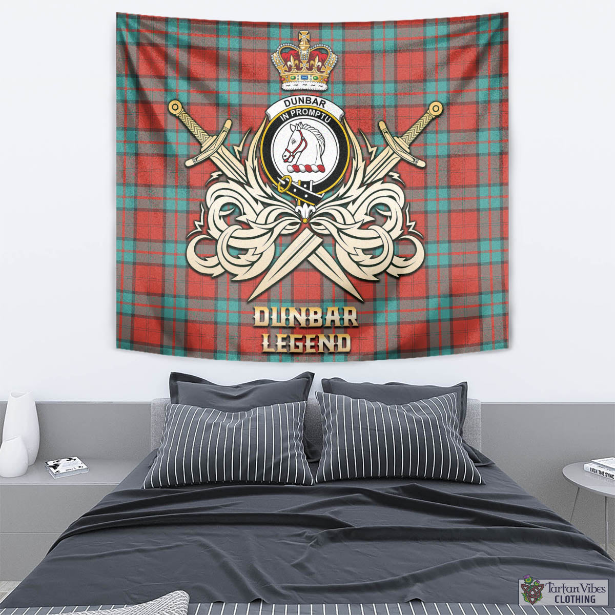 Tartan Vibes Clothing Dunbar Ancient Tartan Tapestry with Clan Crest and the Golden Sword of Courageous Legacy