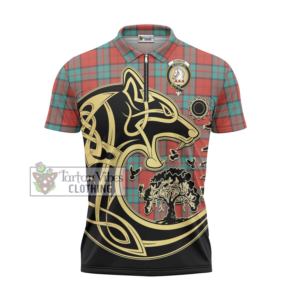 Dunbar Ancient Tartan Zipper Polo Shirt with Family Crest Celtic Wolf Style - Tartanvibesclothing Shop