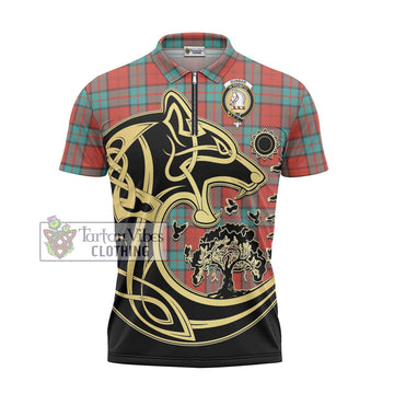 Dunbar Ancient Tartan Zipper Polo Shirt with Family Crest Celtic Wolf Style