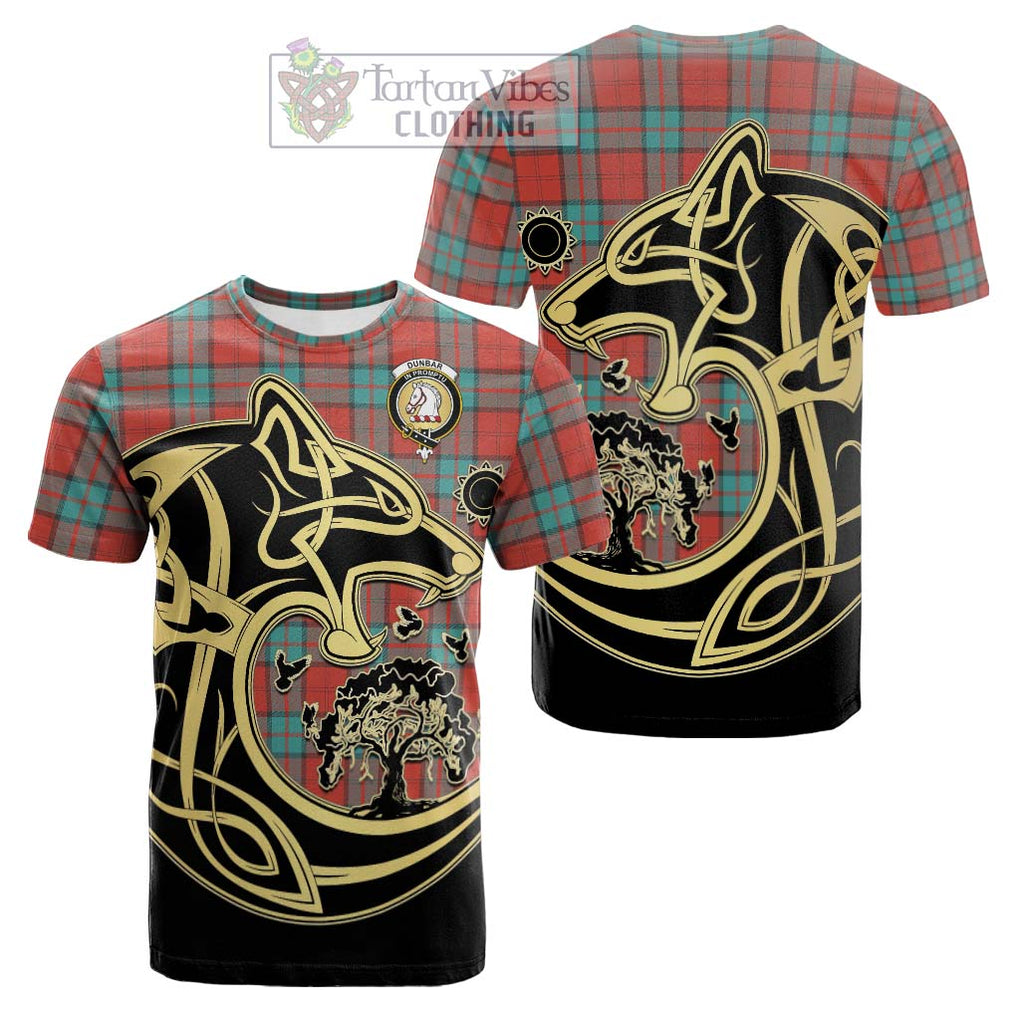 Tartan Vibes Clothing Dunbar Ancient Tartan Cotton T-shirt with Family Crest Celtic Wolf Style