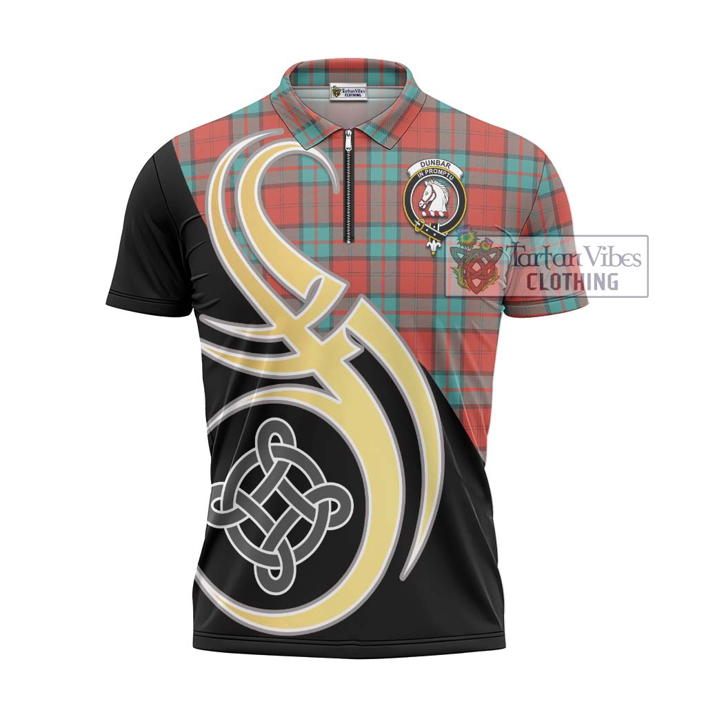 Tartan Vibes Clothing Dunbar Ancient Tartan Zipper Polo Shirt with Family Crest and Celtic Symbol Style