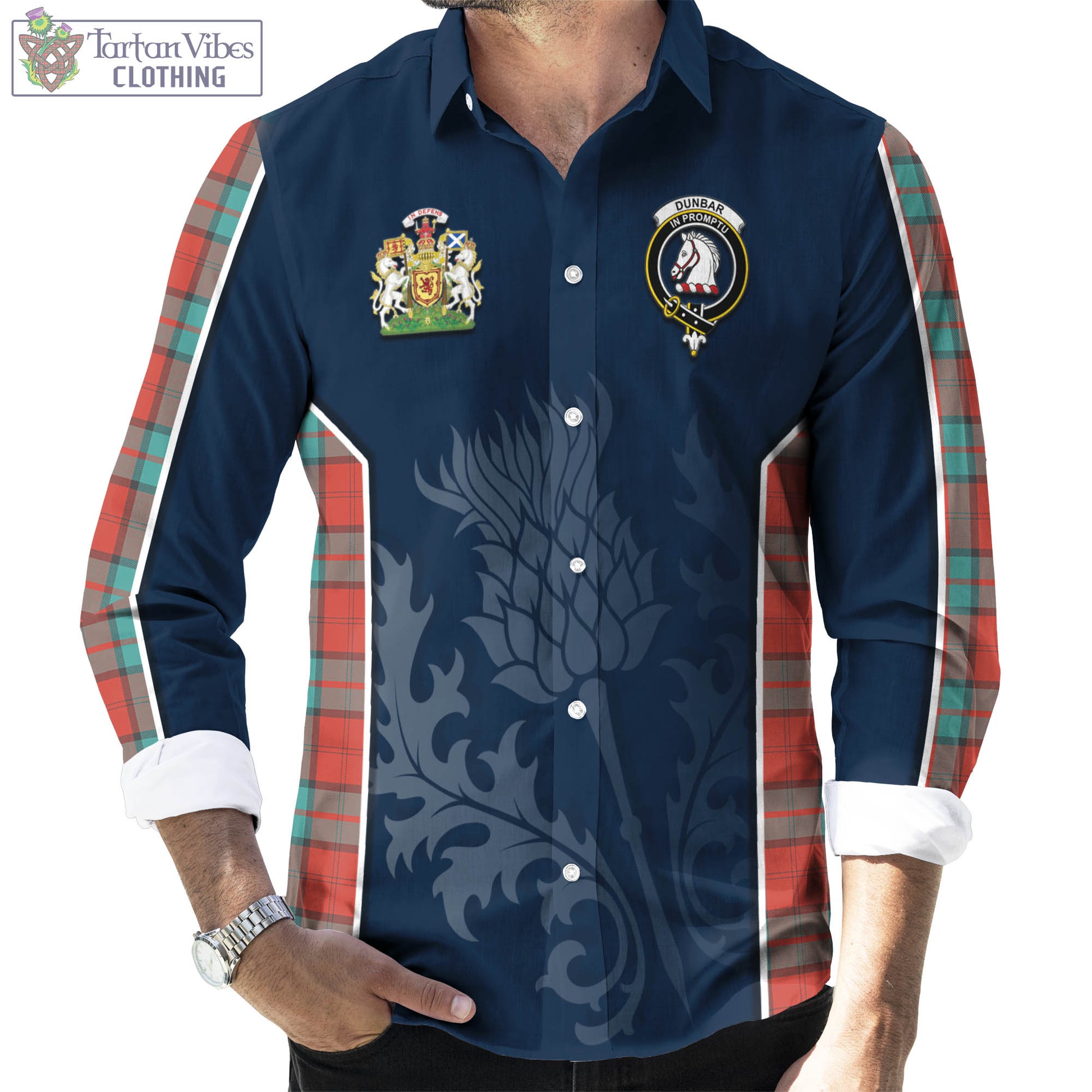 Tartan Vibes Clothing Dunbar Ancient Tartan Long Sleeve Button Up Shirt with Family Crest and Scottish Thistle Vibes Sport Style