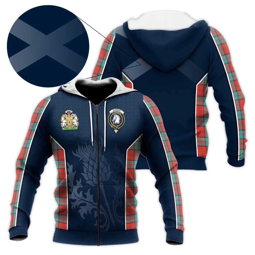 Tartan Vibes Clothing Dunbar Ancient Tartan Knitted Hoodie with Family Crest and Scottish Thistle Vibes Sport Style