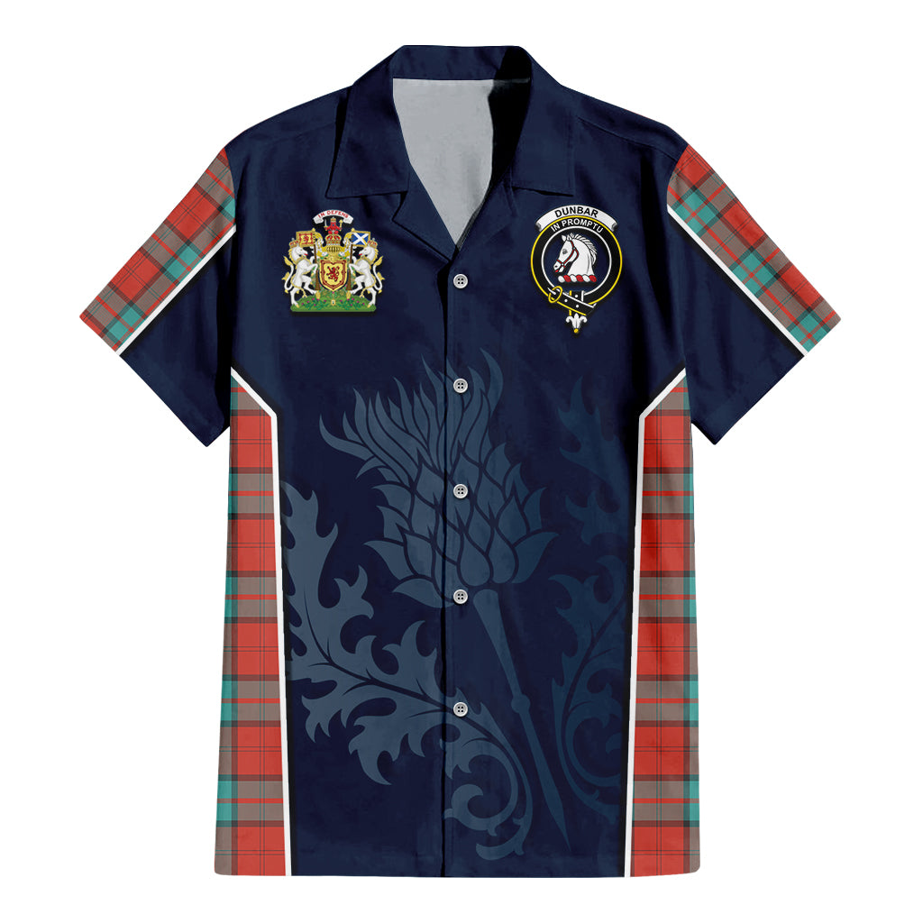 Tartan Vibes Clothing Dunbar Ancient Tartan Short Sleeve Button Up Shirt with Family Crest and Scottish Thistle Vibes Sport Style