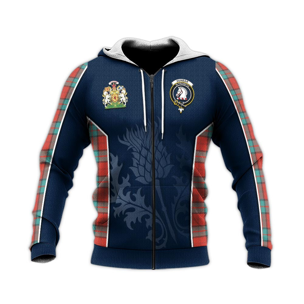 Tartan Vibes Clothing Dunbar Ancient Tartan Knitted Hoodie with Family Crest and Scottish Thistle Vibes Sport Style