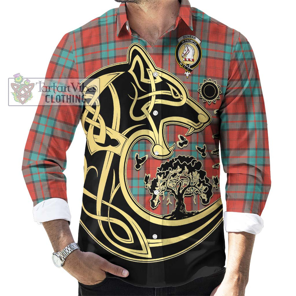 Dunbar Ancient Tartan Long Sleeve Button Shirt with Family Crest Celtic Wolf Style - Tartan Vibes Clothing