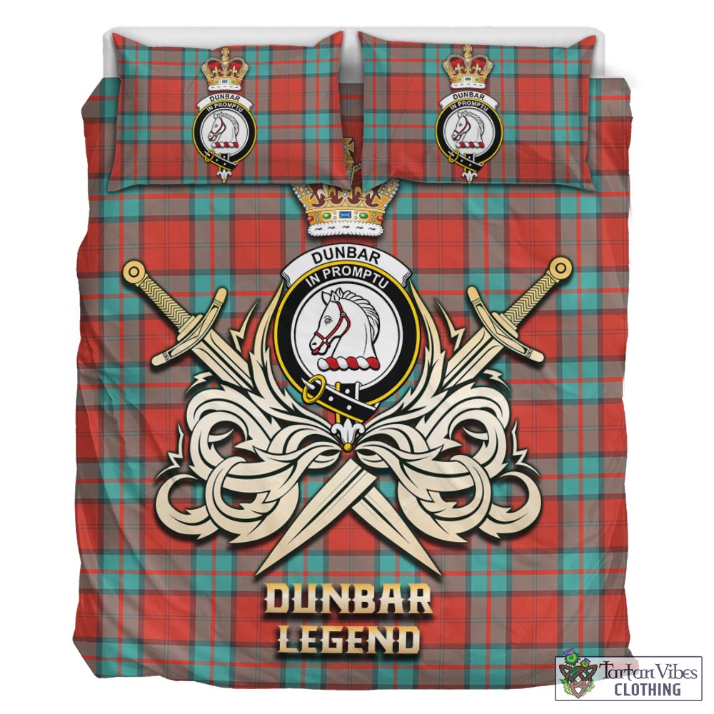 Tartan Vibes Clothing Dunbar Ancient Tartan Bedding Set with Clan Crest and the Golden Sword of Courageous Legacy