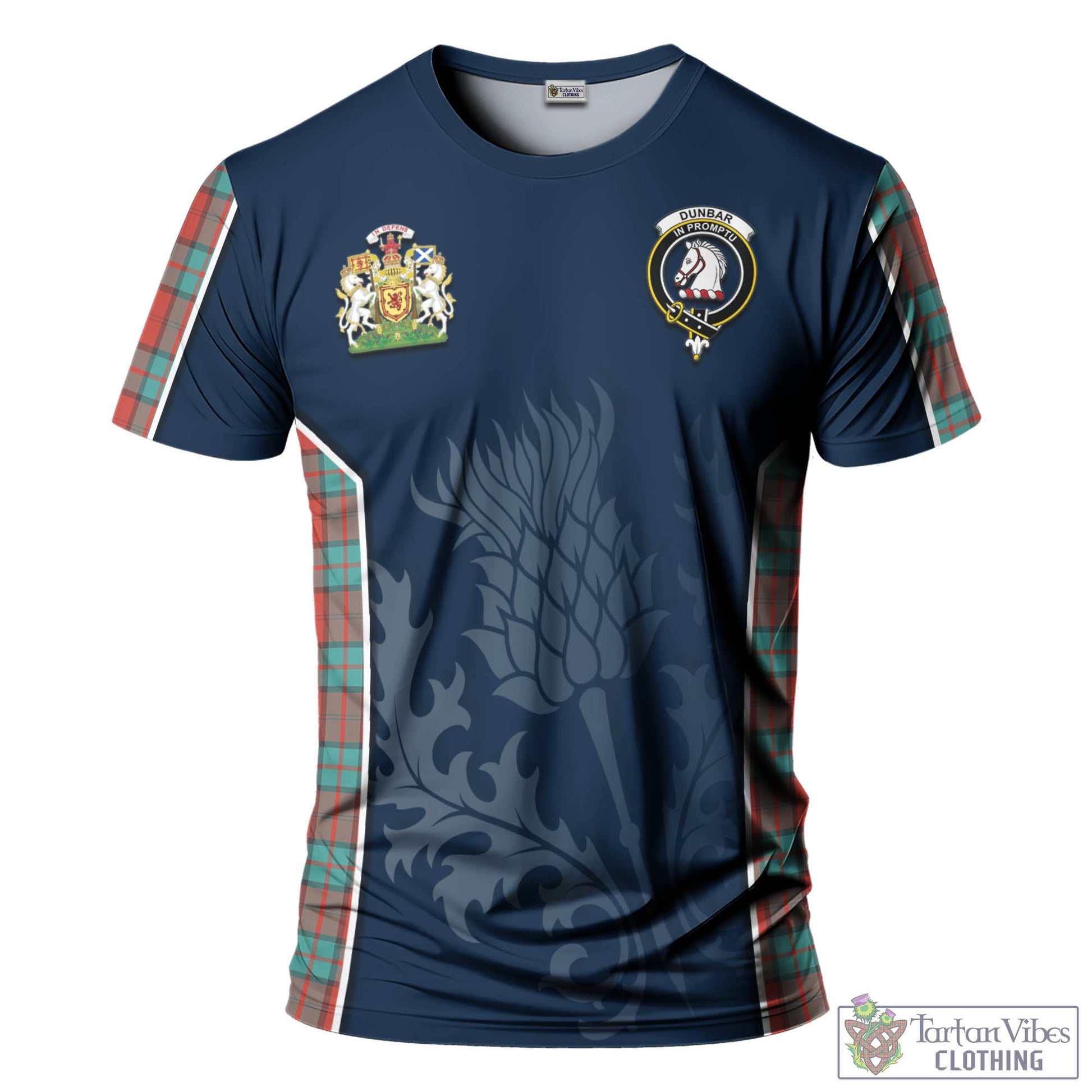 Tartan Vibes Clothing Dunbar Ancient Tartan T-Shirt with Family Crest and Scottish Thistle Vibes Sport Style