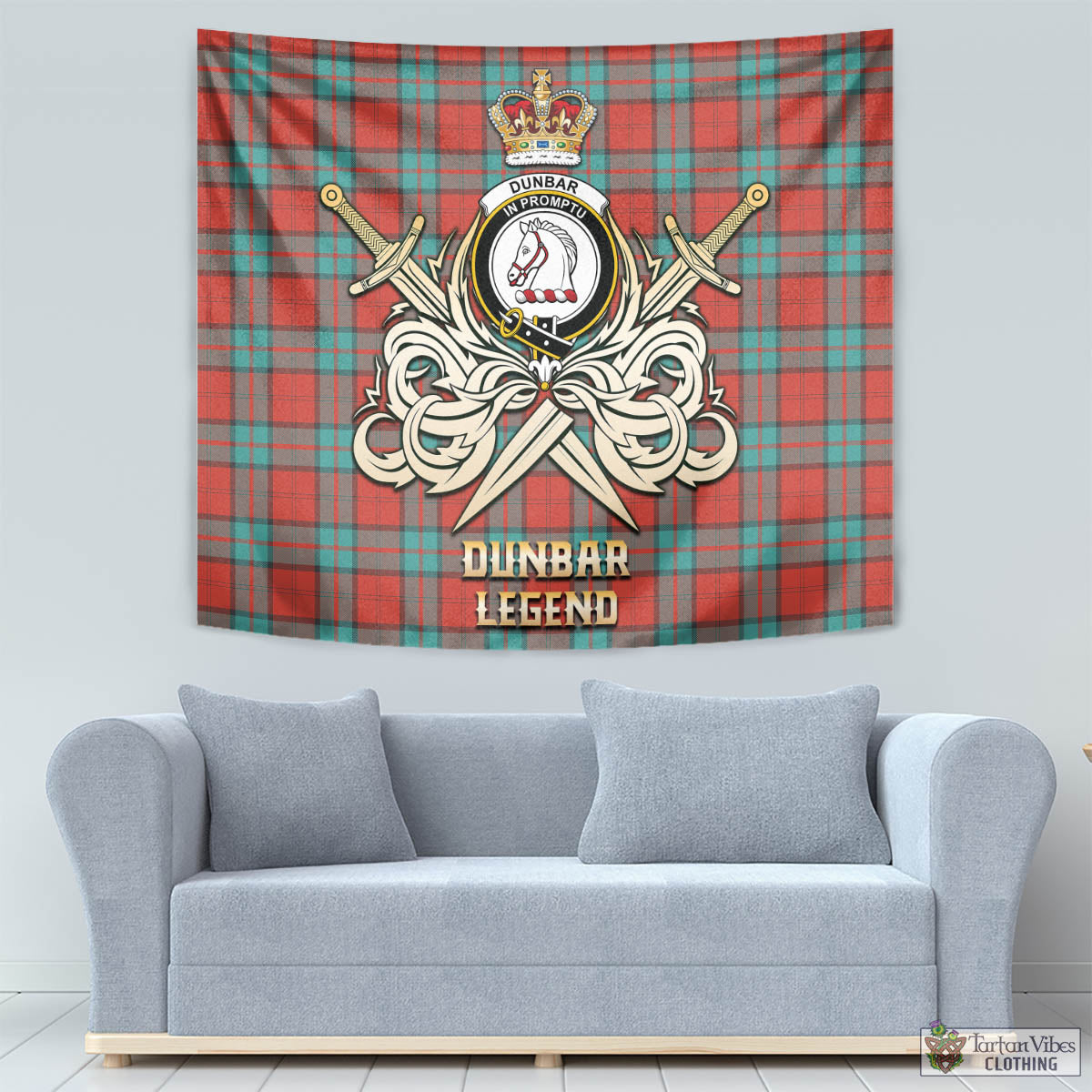 Tartan Vibes Clothing Dunbar Ancient Tartan Tapestry with Clan Crest and the Golden Sword of Courageous Legacy