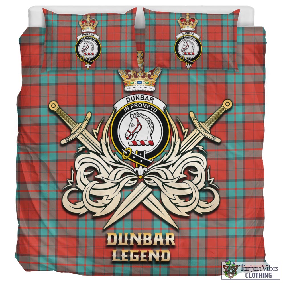 Tartan Vibes Clothing Dunbar Ancient Tartan Bedding Set with Clan Crest and the Golden Sword of Courageous Legacy