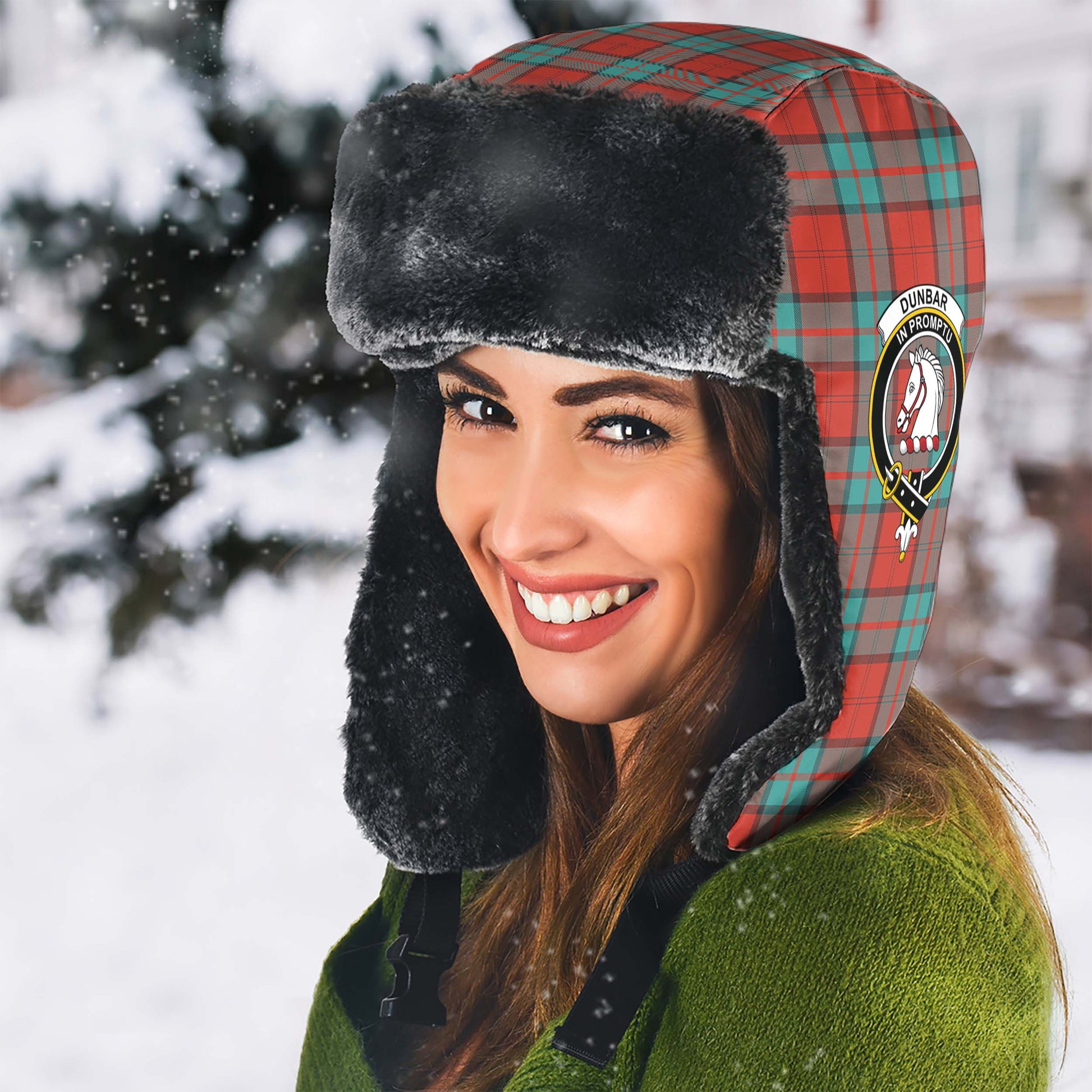 Dunbar Ancient Tartan Winter Trapper Hat with Family Crest - Tartanvibesclothing