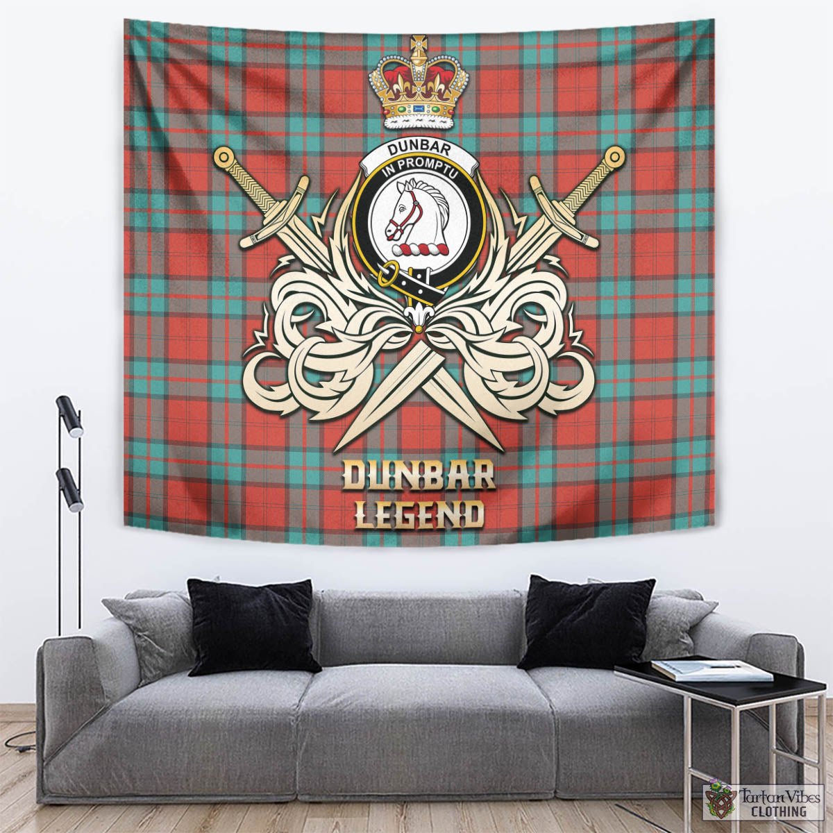 Tartan Vibes Clothing Dunbar Ancient Tartan Tapestry with Clan Crest and the Golden Sword of Courageous Legacy