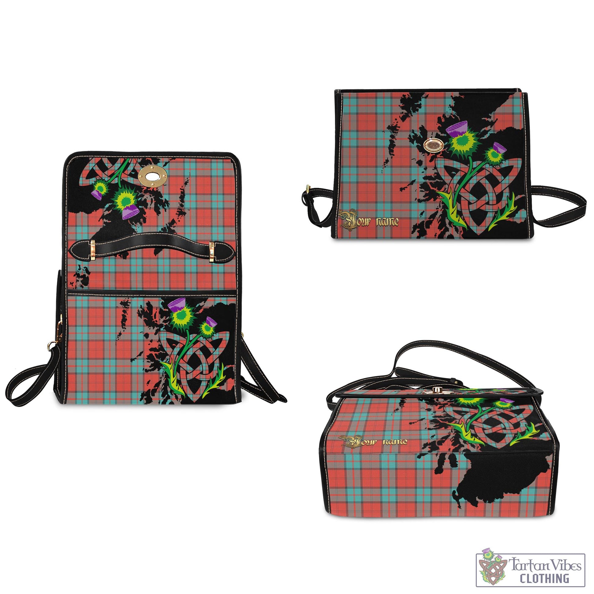 Tartan Vibes Clothing Dunbar Ancient Tartan Waterproof Canvas Bag with Scotland Map and Thistle Celtic Accents