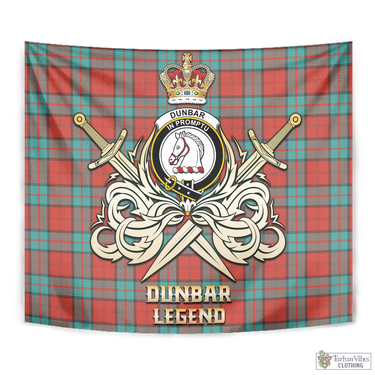 Tartan Vibes Clothing Dunbar Ancient Tartan Tapestry with Clan Crest and the Golden Sword of Courageous Legacy