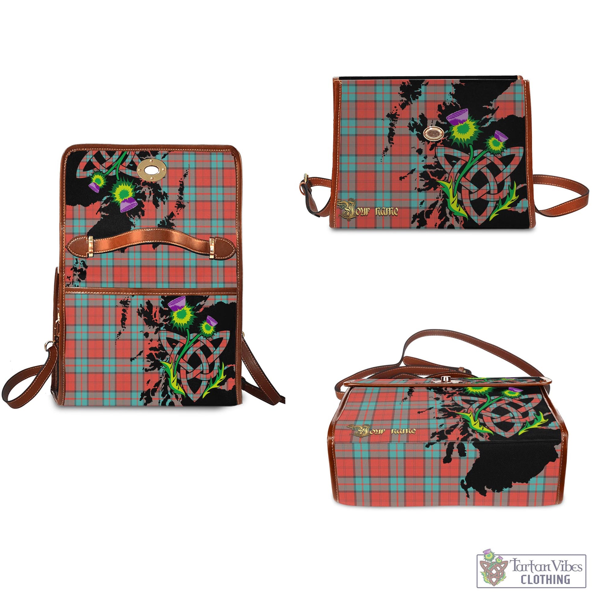 Tartan Vibes Clothing Dunbar Ancient Tartan Waterproof Canvas Bag with Scotland Map and Thistle Celtic Accents