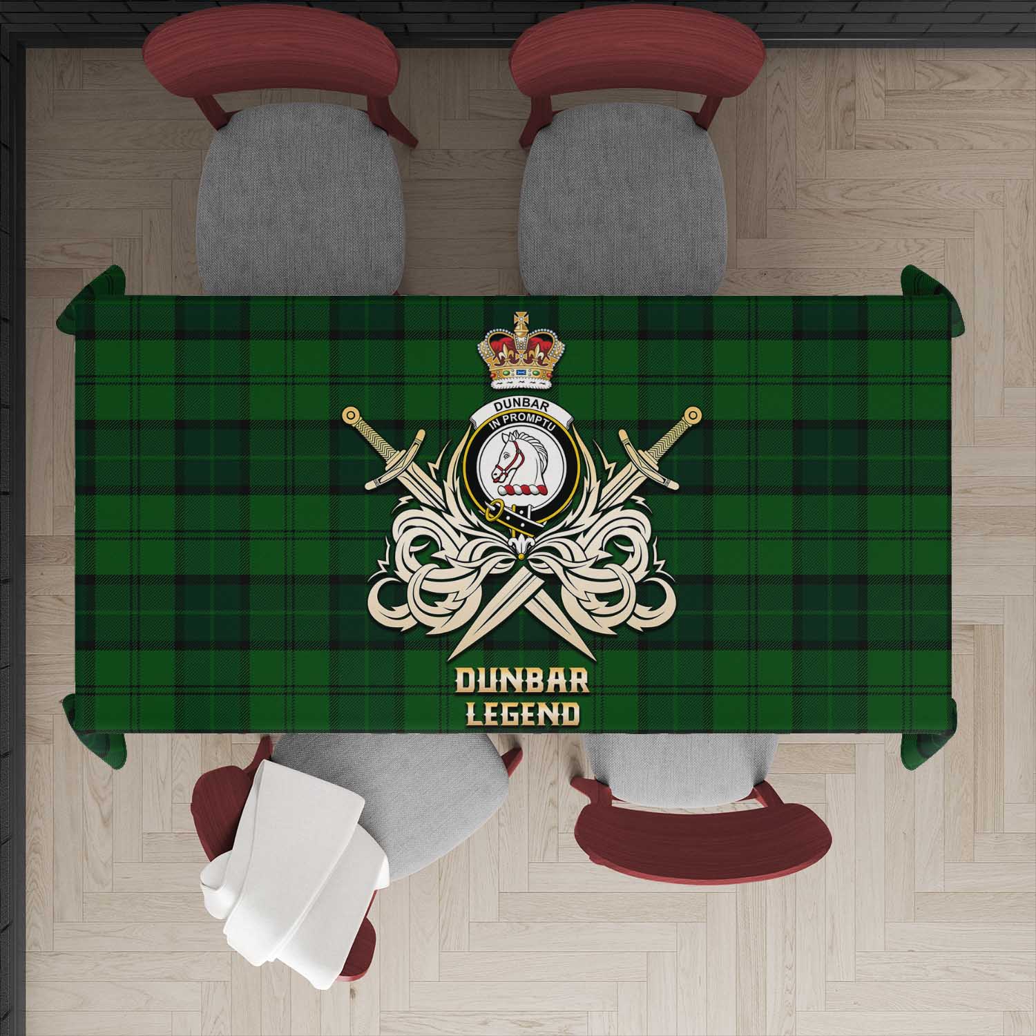 Tartan Vibes Clothing Dunbar Hunting Tartan Tablecloth with Clan Crest and the Golden Sword of Courageous Legacy