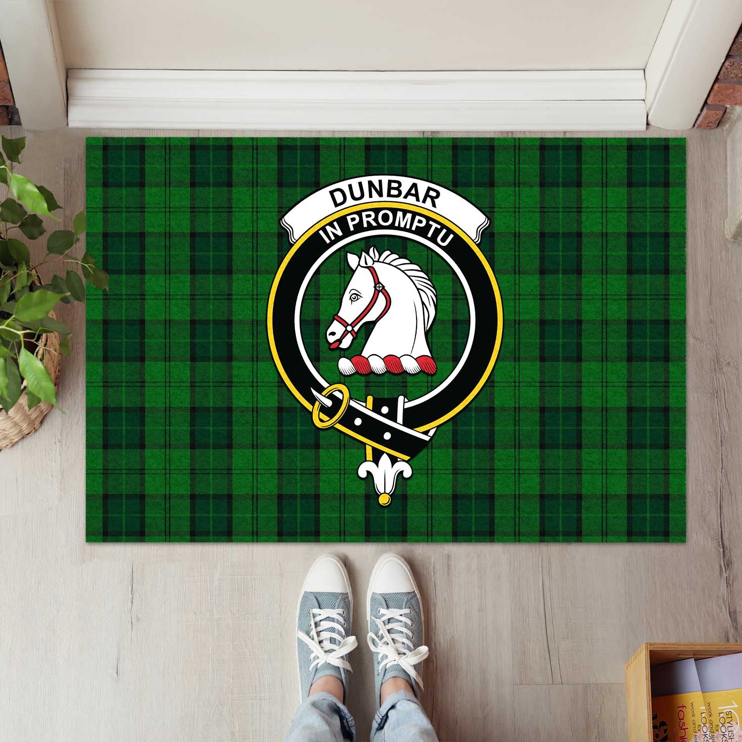 Dunbar Hunting Tartan Door Mat with Family Crest - Tartanvibesclothing