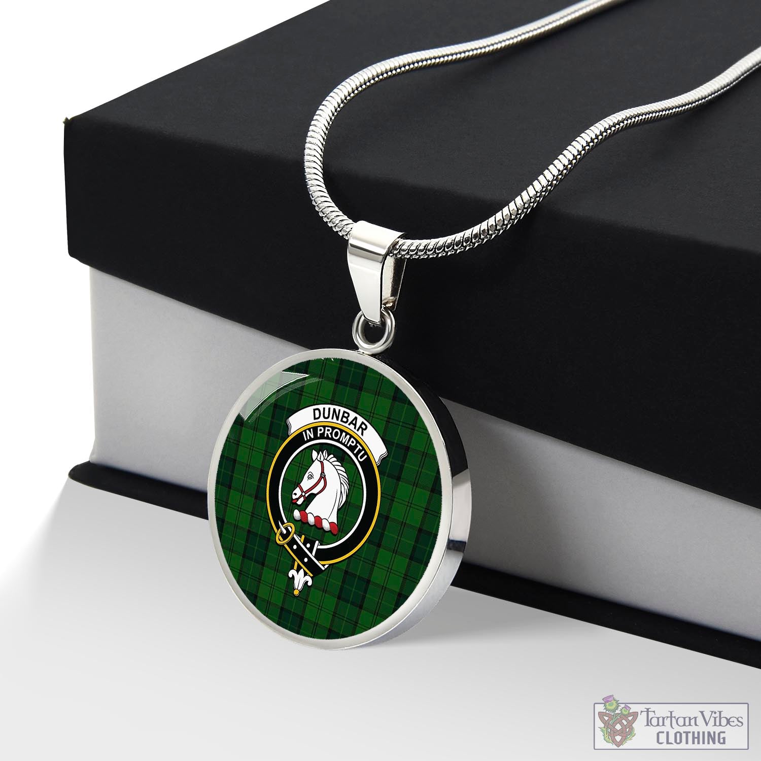 Tartan Vibes Clothing Dunbar Hunting Tartan Circle Necklace with Family Crest