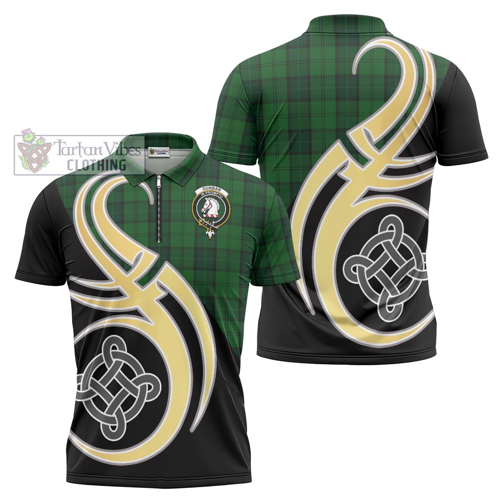 Tartan Vibes Clothing Dunbar Hunting Tartan Zipper Polo Shirt with Family Crest and Celtic Symbol Style