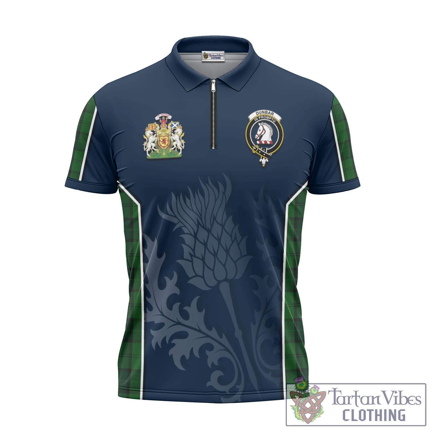 Tartan Vibes Clothing Dunbar Hunting Tartan Zipper Polo Shirt with Family Crest and Scottish Thistle Vibes Sport Style