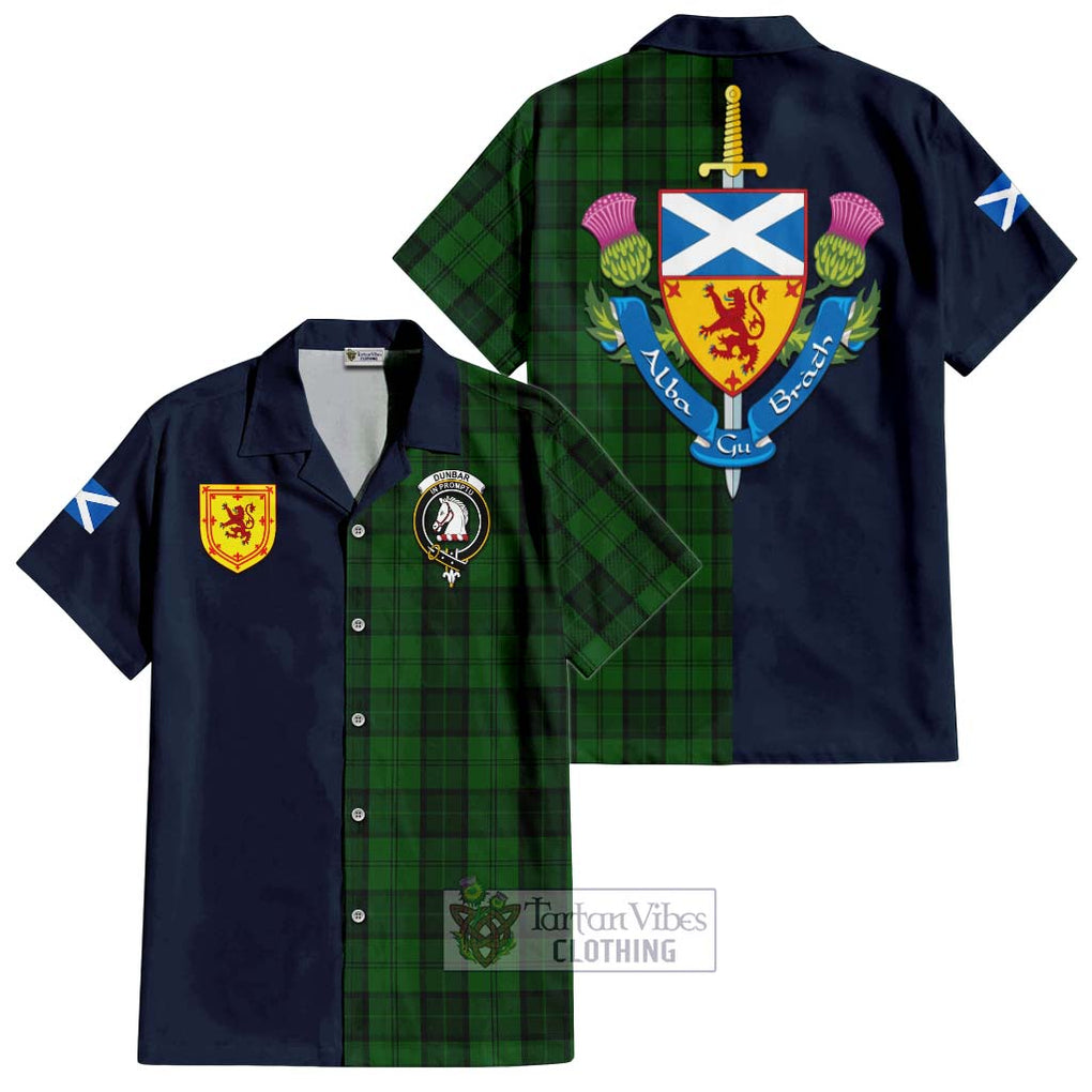 Tartan Vibes Clothing Dunbar Hunting Tartan Short Sleeve Button Shirt with Scottish Lion Royal Arm Half Style